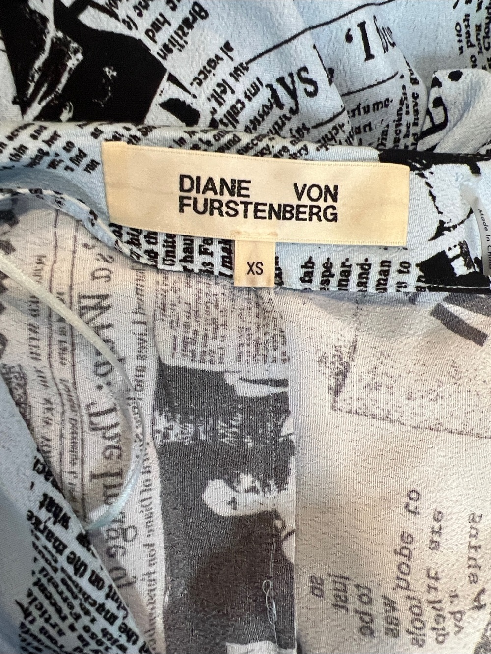 Diane Von Furstenberg Light Blue and Black Newspaper Print Wrap Dress - Picture 8 of 9